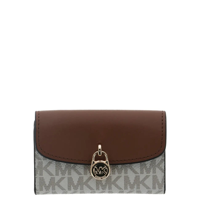 Michael Kors Damen-Geldbörse aus braunem Leder mit goldfarbenem Verschluss und grau-weißem Monogramm-Musterfach