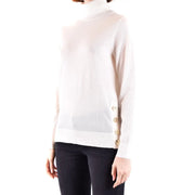 Weißer Michael Kors Damen-Rollkragenpullover aus Wolle mit zartem, cremefarbenem, transparentem Überwurf und goldfarbenen Seitenknöpfen