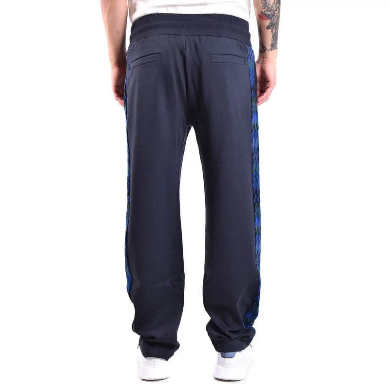 Missoni Herrenhose aus blauer Viskose, normale Passform, dunkelblauer Stoff und leuchtend blau-grüne geometrische Seitenstreifen