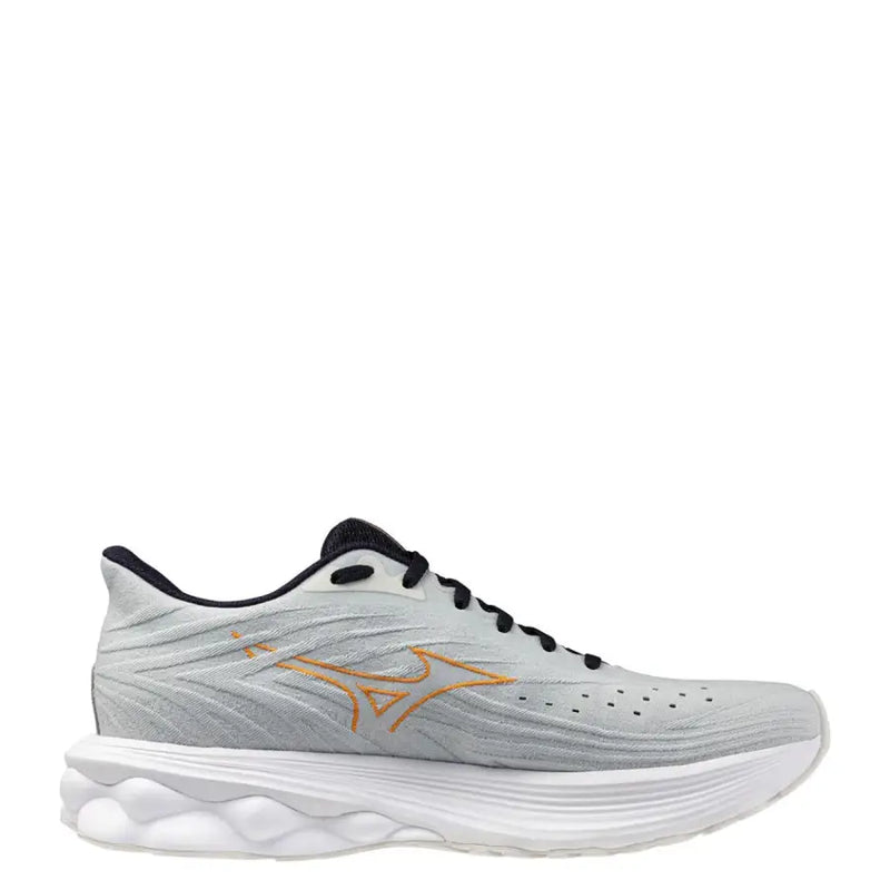 White and gold mizuno running shoe with black accents.