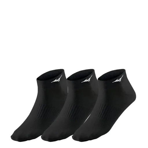 Drei Paar schwarze Sportsocken mit weißen Mizuno-Logos für alle Jahreszeiten