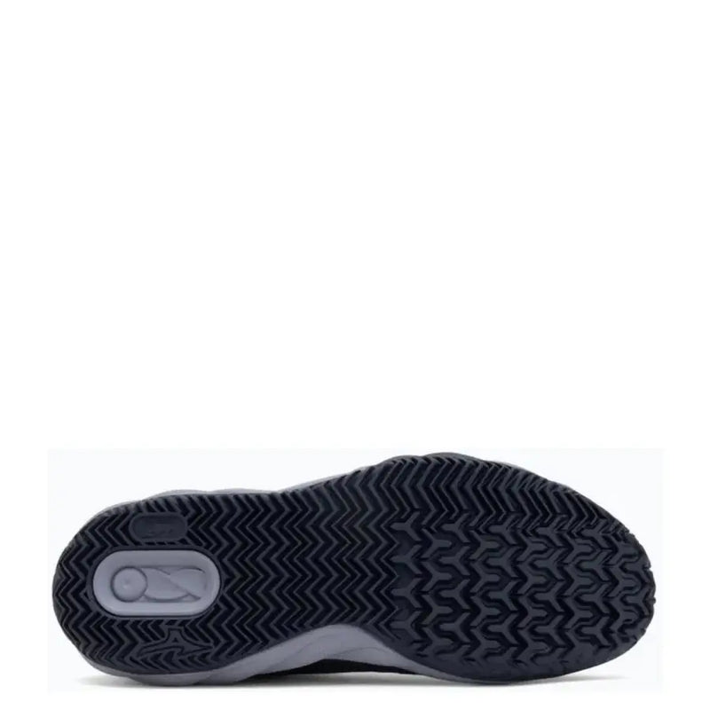 Black and gray nike basketball shoe with textured sole design.
