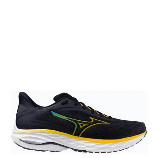 Black and yellow mizuno running shoe with white sole