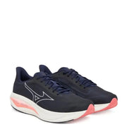 Navy blue mizuno running shoe with coral accents and white laces.