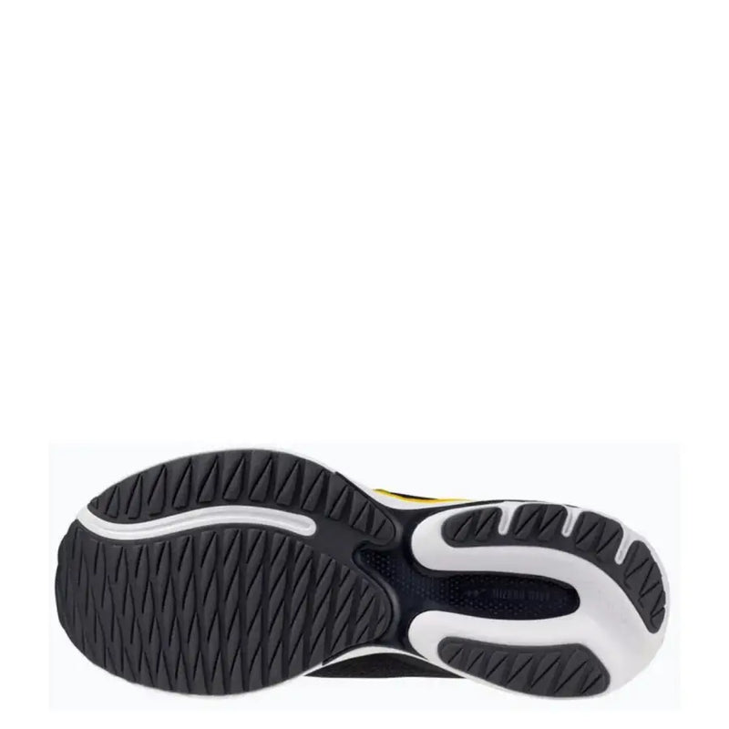 Black and white running shoe with textured sole, nike air zoom design.