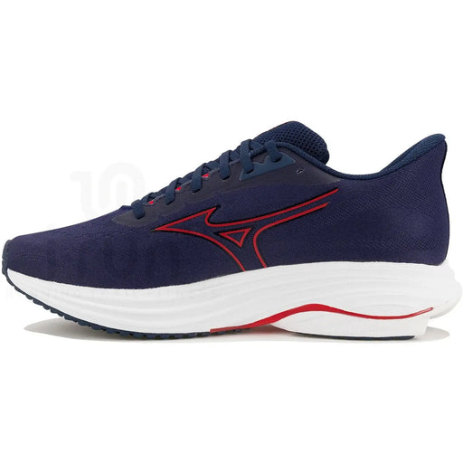 Marineblauer Mizuno Herren-Laufschuh aus Textil mit Schnürung, roten Akzenten und weißer Zwischensohle für sportliche Aktivitäten