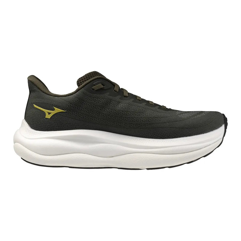 Schwarze Mizuno Herren-Sneaker mit grüner Sohle, sportliches Material und goldenem Logo