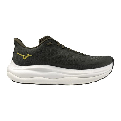 Schwarze Mizuno Herren-Sneaker mit grüner Sohle, sportliches Material und goldenem Logo