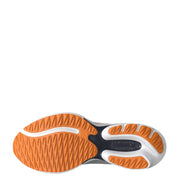 Orange and white running shoe with textured sole, likely adidas.