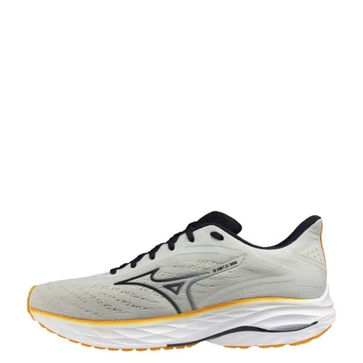 Mizuno wave sky 5 running shoe, silver and black with orange accents.