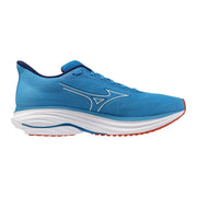 Hellblauer Mizuno Herren-Laufschuh aus Textil mit weißen und roten Akzenten, konzipiert für sportliche Aktivitäten