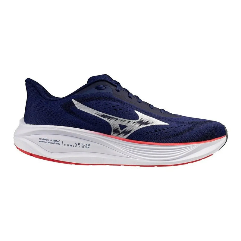Marineblaue Mizuno Herren-Sneaker Neo Cosmos 3 Laufschuhe mit silbernem Swoosh und roten Sohlenakzenten aus Textilmaterial