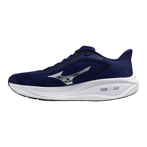 Marineblaue Mizuno Herren-Sneaker mit Obermaterial aus Stoff, silbernem Logo und weißer Zwischensohle für Laufen und Freizeit