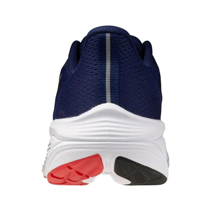 Marineblaue Mizuno Herren-Sneaker aus Mesh mit weißer Zwischensohle und rot-schwarzen Details an der Außensohle zum Laufen
