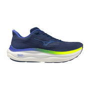Marineblaue Mizuno Herren-Sneaker mit neongelben und violetten Akzenten an der Zwischensohle verfügen über ein Schnürschuh-Design.