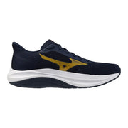 Marineblaue Mizuno Herren-Sneaker mit goldenem Wing-Logo und weißer Zwischensohle, sportliche Schnürschuhe