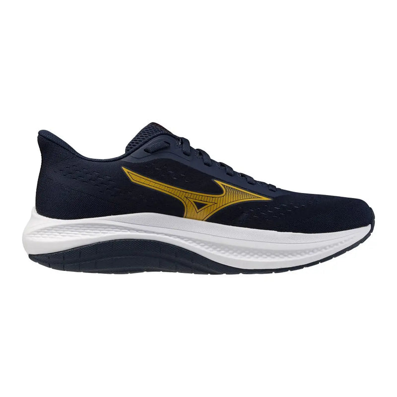 Marineblaue Mizuno Herren-Sneaker mit goldenem Wing-Logo und weißer Zwischensohle, sportliche Schnürschuhe