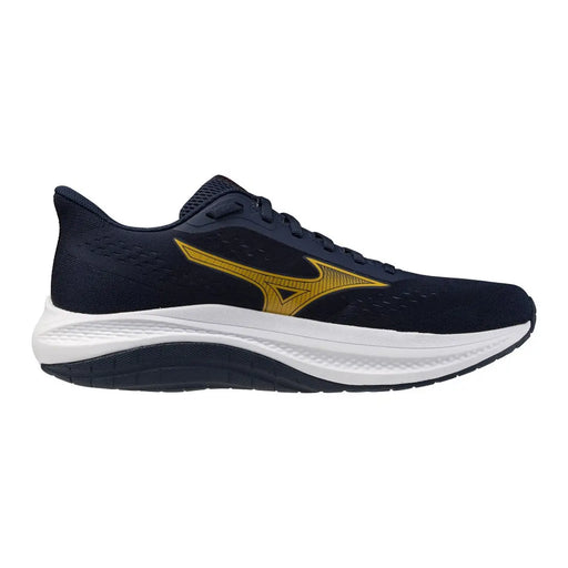 Marineblaue Mizuno Herren-Sneaker mit goldenem Wing-Logo und weißer Zwischensohle, sportliche Schnürschuhe