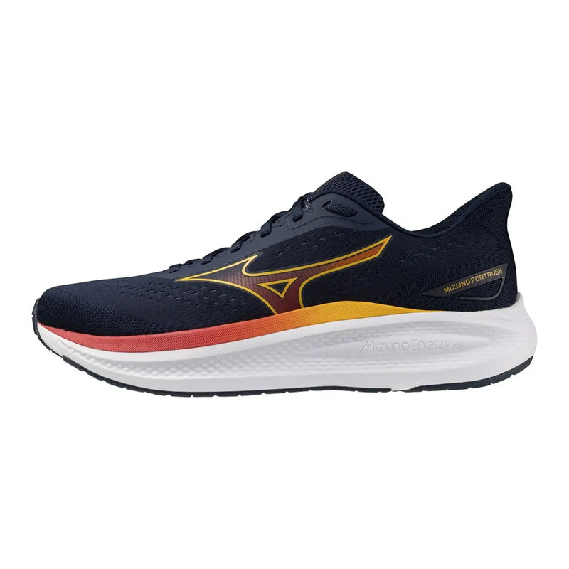 Schwarzer Mizuno Fort Rush Laufschuh für Herren mit atmungsaktivem Mesh-Obermaterial, gold-rotem Akzentstreifen und weißer Zwischensohle
