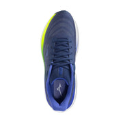 Marineblaue und neongrüne Mizuno Herren-Sneaker mit atmungsaktivem Mesh-Obermaterial und weißer Zwischensohle für sportliche Aktivitäten