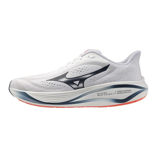 Weißer Mizuno Neo Cosmos 2 Laufschuh mit elegantem Mesh-Obermaterial, schwarzem und grauem Swoosh und orangefarben akzentuierter Zwischensohle