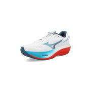 Mizuno Herren-Sneaker, leicht, weiß, Wave Prophecy 28, mit atmungsaktivem Mesh-Obermaterial und blau-roter sportlicher Sohle