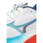 Weißer Mizuno Wave Rider 30 Laufschuh mit türkisfarbenen und roten Akzenten und atmungsaktivem Mesh-Obermaterial für Herren