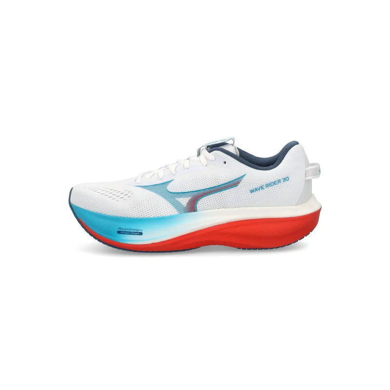 Mizuno Herren-Sneaker, weißer Wave Rider 30 Laufschuh mit leuchtend rot-türkisfarbener Zwischensohle und atmungsaktivem Mesh-Obermaterial