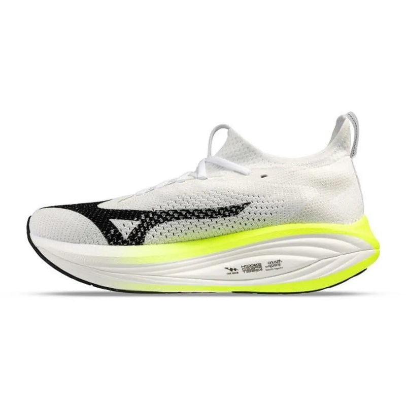 Weiße Mizuno Herren-Sneaker Wave Prophecy 5 Laufschuhe mit schwarzen und neongelben Akzenten im sportlichen Stoffdesign