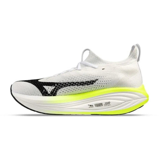 Weiße Mizuno Herren-Sneaker Wave Prophecy 5 Laufschuhe mit schwarzen und neongelben Akzenten im sportlichen Stoffdesign