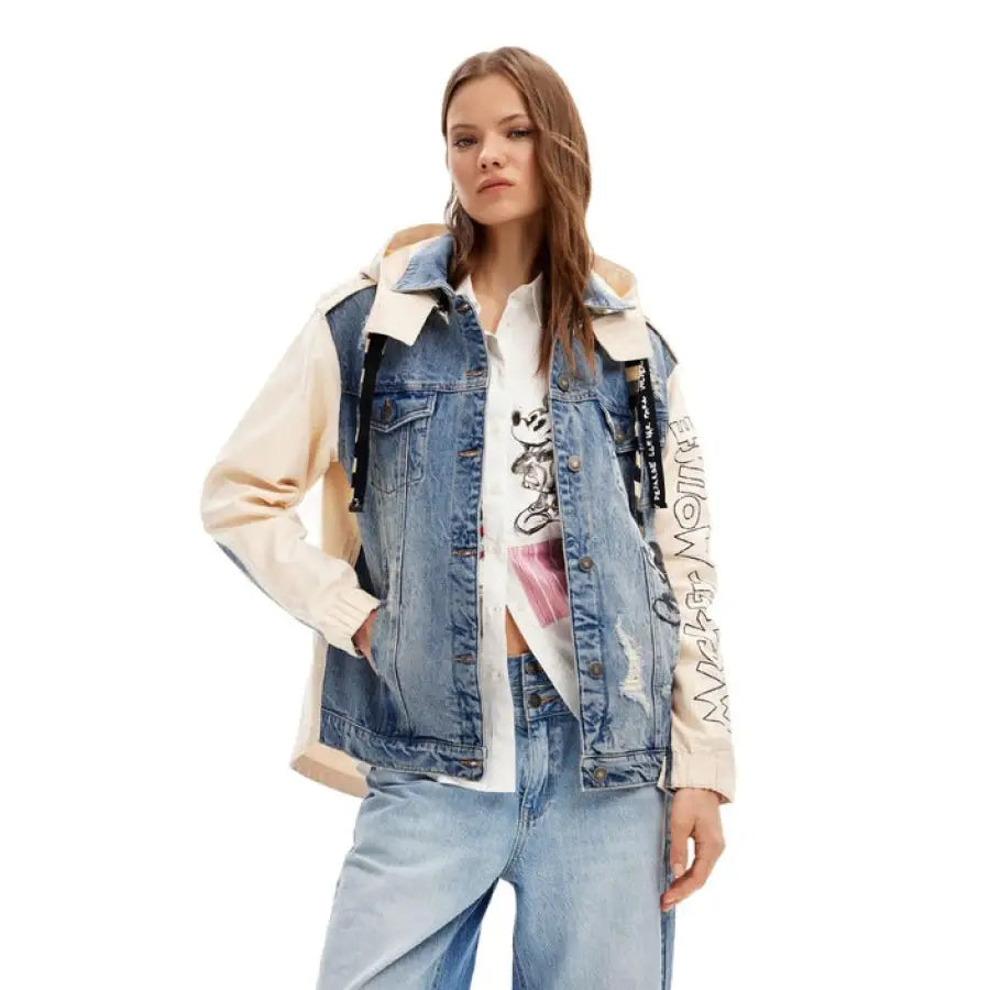 Desigual women blazer featuring model in patched denim jacket