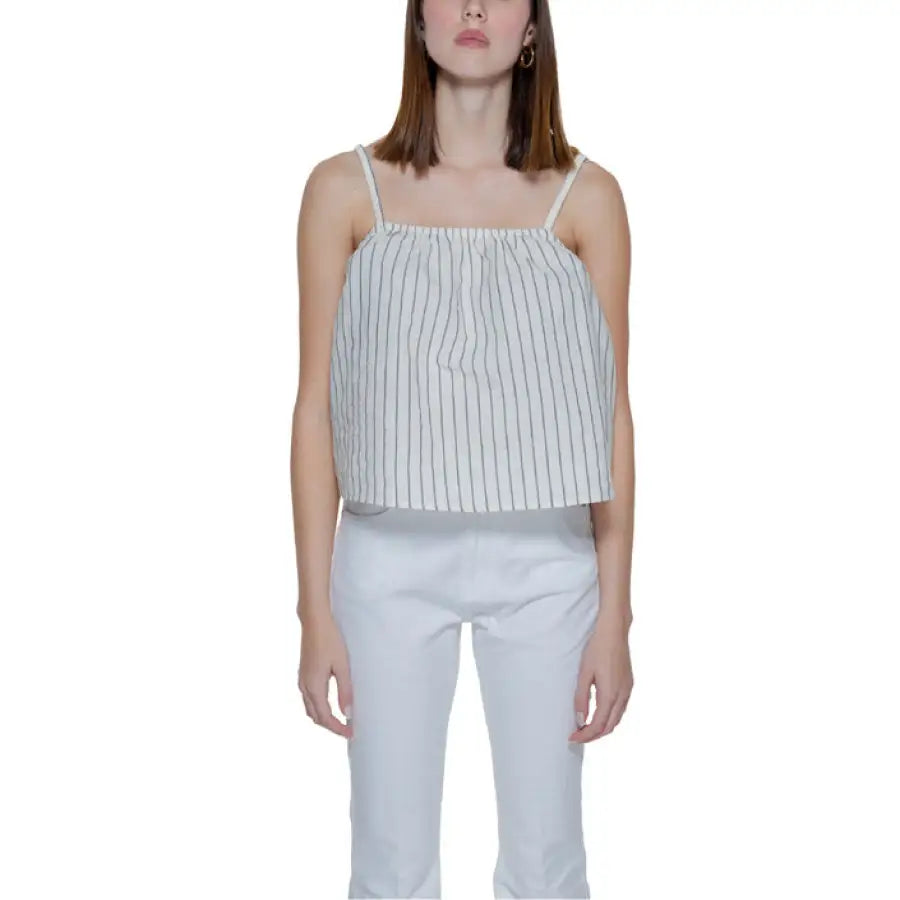 Vero Moda urban style clothing model in white and black striped top