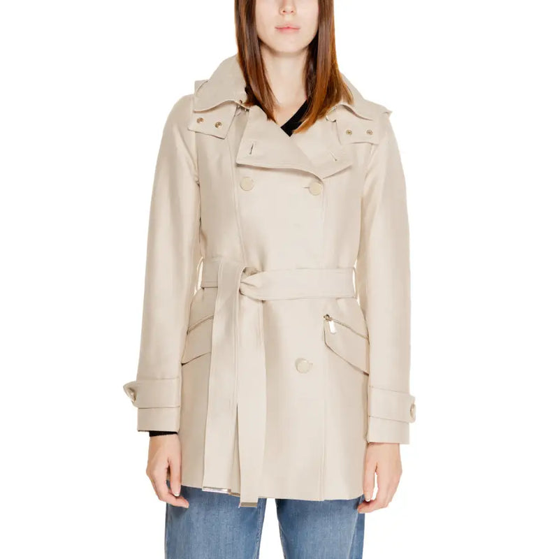 Morgan De Toi beige trench coat with belted waist, double-breasted front, and structured collar in long blazer style