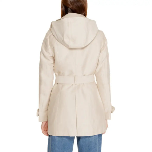 Morgan de toi beige long blazer styled as a hooded trench coat with matching belt and subtle seam detailing