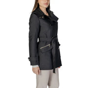 Women wearing Morgan De Toi black cotton blend long blazer with trench coat style and belt