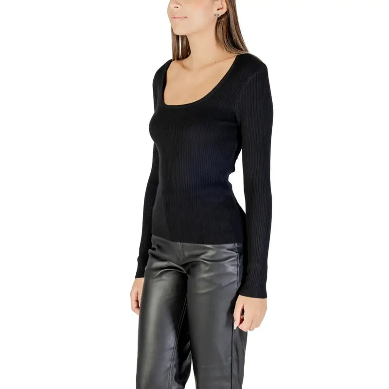 Women’s black ribbed long-sleeve scoop-neck top from Morgan De Toi displayed in the image