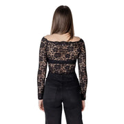Morgan De Toi black lace long sleeve blouse with off the shoulder boat neck and solid black waist band
