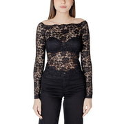 Morgan De Toi black floral lace long sleeve blouse with off the shoulder boat neck neckline in sheer fabric