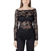 Morgan De Toi schwarze, langärmelige, schulterfreie Bluse mit floraler Spitze