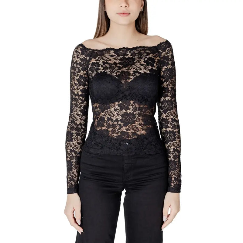 Morgan De Toi schwarze, langärmelige, schulterfreie Bluse mit floraler Spitze