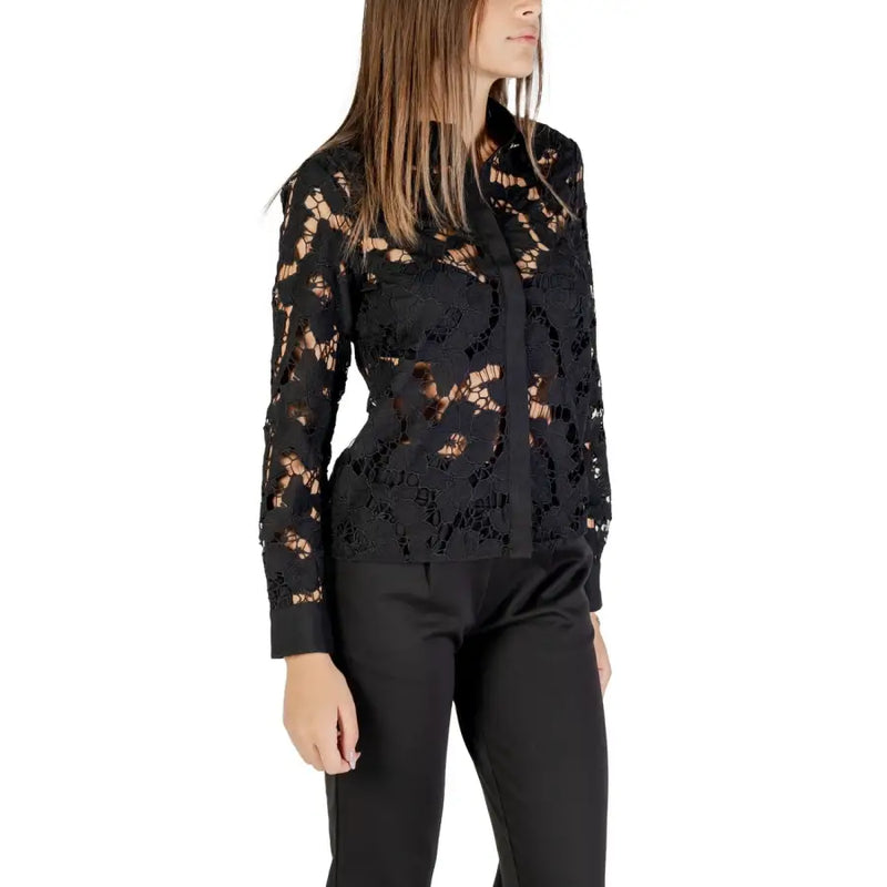 Women’s black long-sleeve lace button-up blouse from Morgan De Toi with round neckline