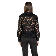 Morgan De Toi black lace long sleeve round neck blouse featuring intricate floral patterns and sheer fabric