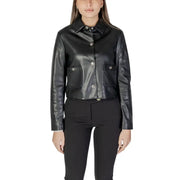 Morgan De Toi Black Long Womens Blazer featuring faux leather fabric with silver buttons