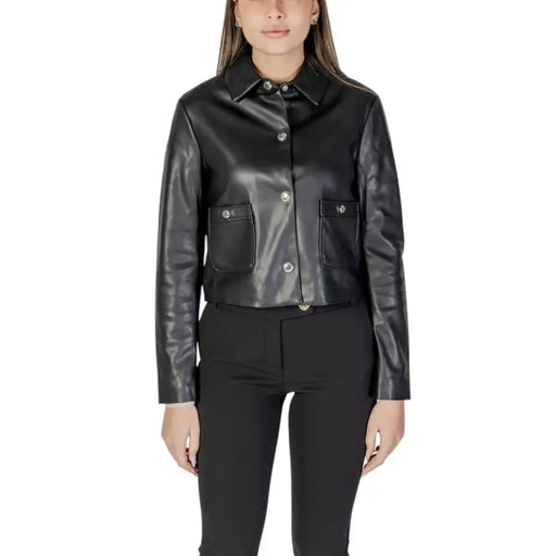 Morgan De Toi Black Long Womens Blazer featuring faux leather fabric with silver buttons
