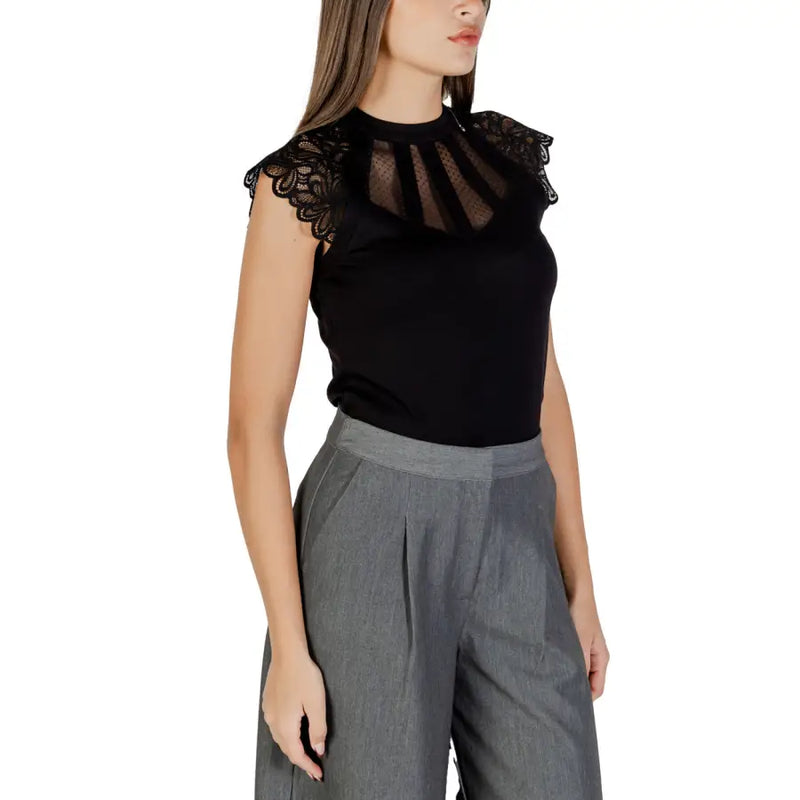 Morgan de toi black sleeveless turtleneck blouse with delicate lace shoulders and sheer mesh panel at neckline for women