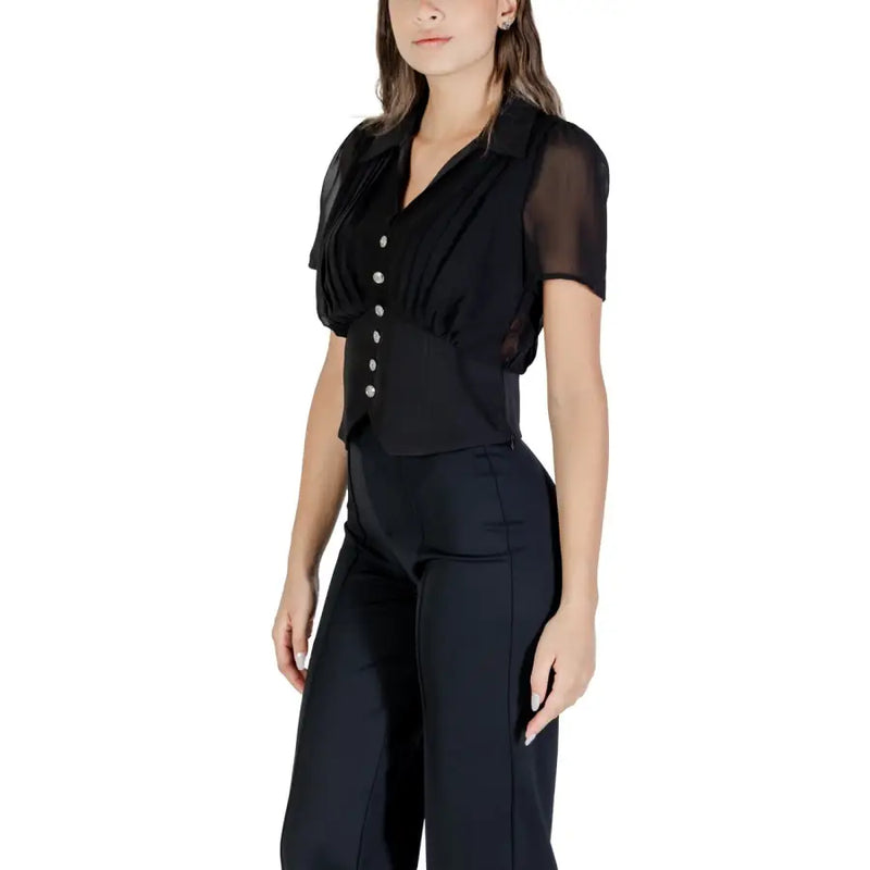 Morgan de toi black v neck blouse in sheer fabric with short sleeves and button front for fall winter wear