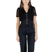 Morgan de toi black sheer v neck blouse with pleated front and silver buttons for fall winter wear
