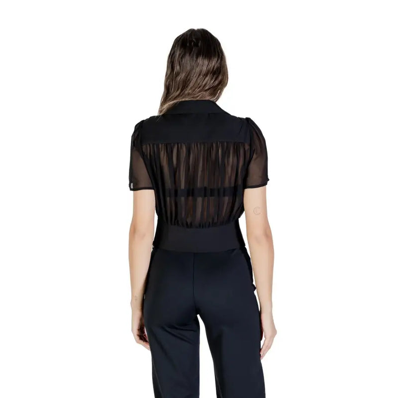 Morgan de toi black v neck sheer blouse with puffed sleeves and fitted waistband for fall winter