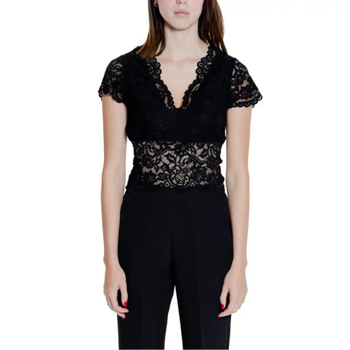 Morgan de toi black lace v neck top with short flutter sleeves made of delicate lace fabric