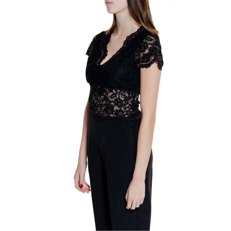 Morgan De Toi black lace v neck short sleeve top showcasing delicate lace fabric and elegant design